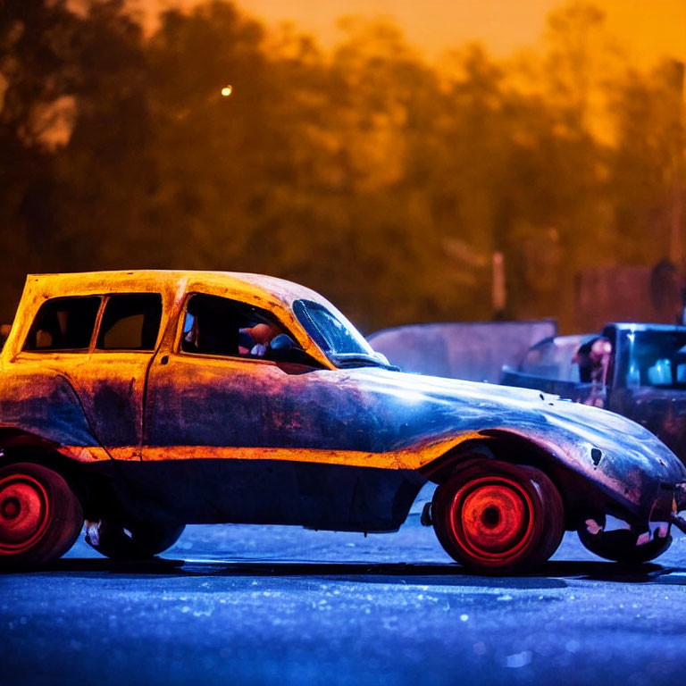 Abandoned burnt-out car with red wheels under twilight sky