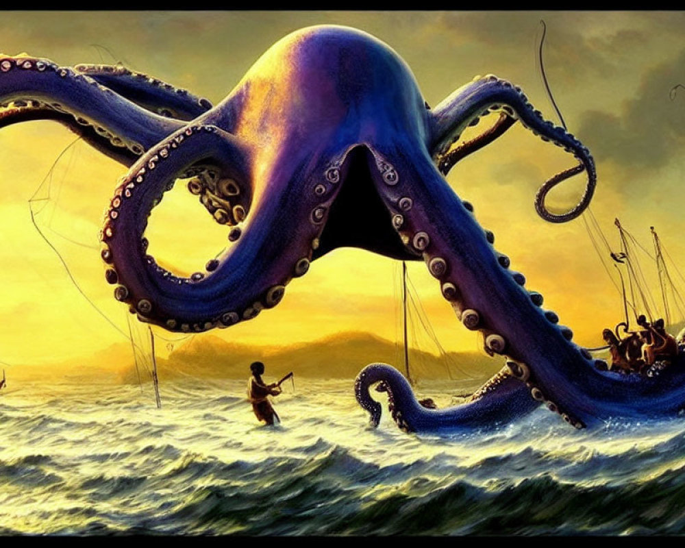 Gigantic octopus in sea at sunset with towering tentacles