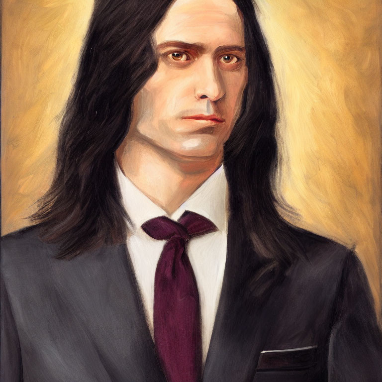 Portrait of man with long dark hair in black suit, white shirt, and burgundy tie on yellow