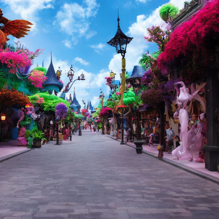 Colorful Fantasy Street with Whimsical Buildings and Statues