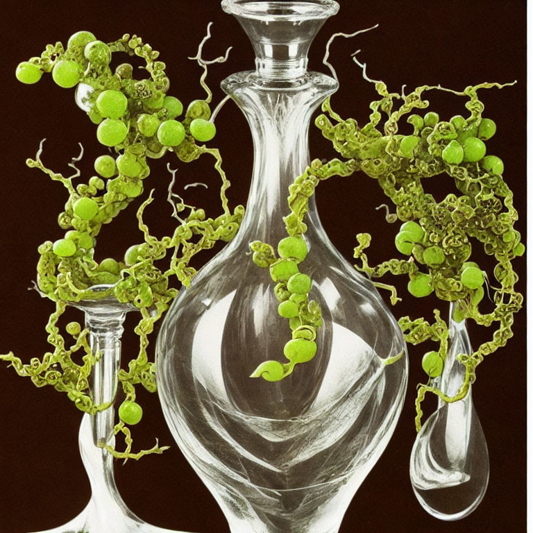 Symmetrical composition of transparent decanters with green grapes and vines