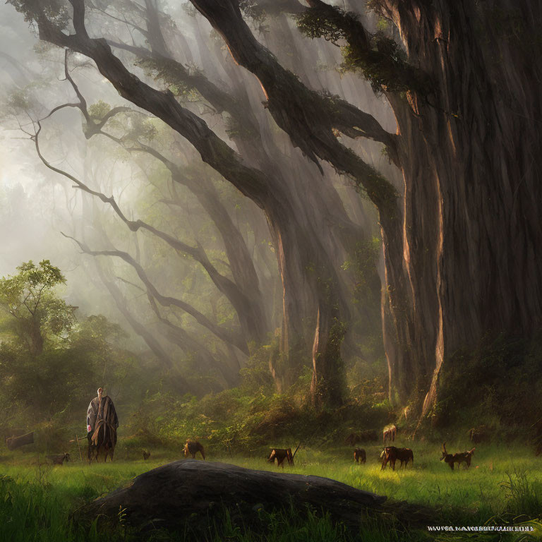 Misty forest with towering trees and person herding goats