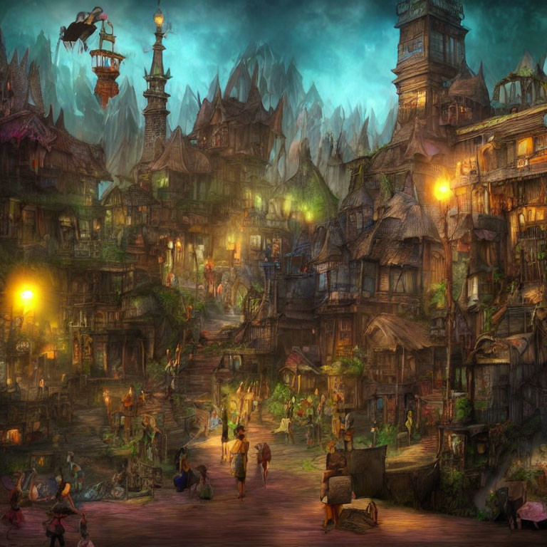 Twilight fantasy village with lantern-lit houses and bustling townsfolk