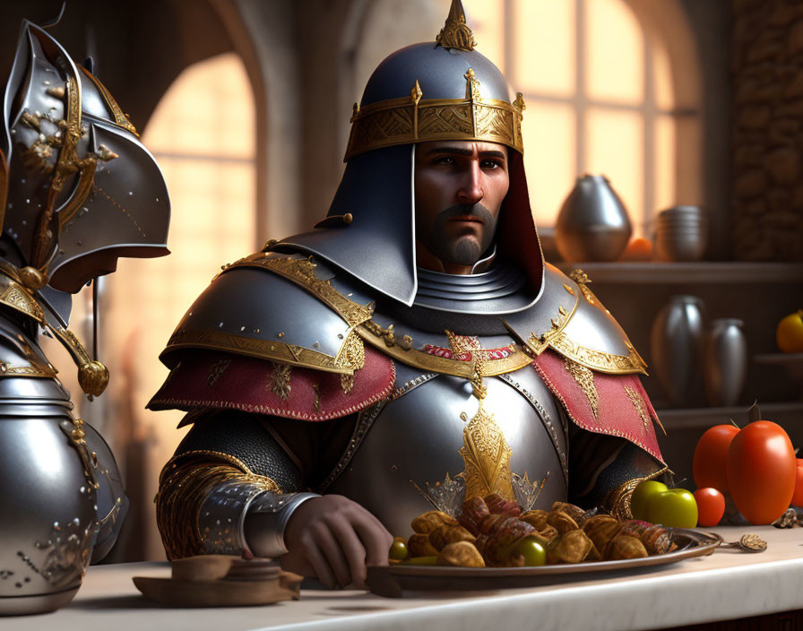 Knight in ornate armor at table in medieval digital artwork