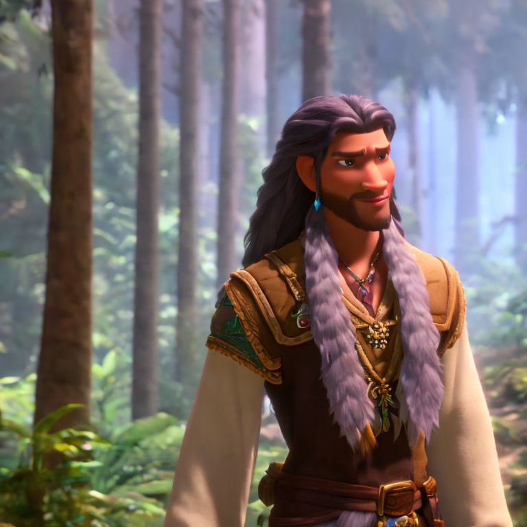 Long-haired male character in vest and earrings in sunlit forest