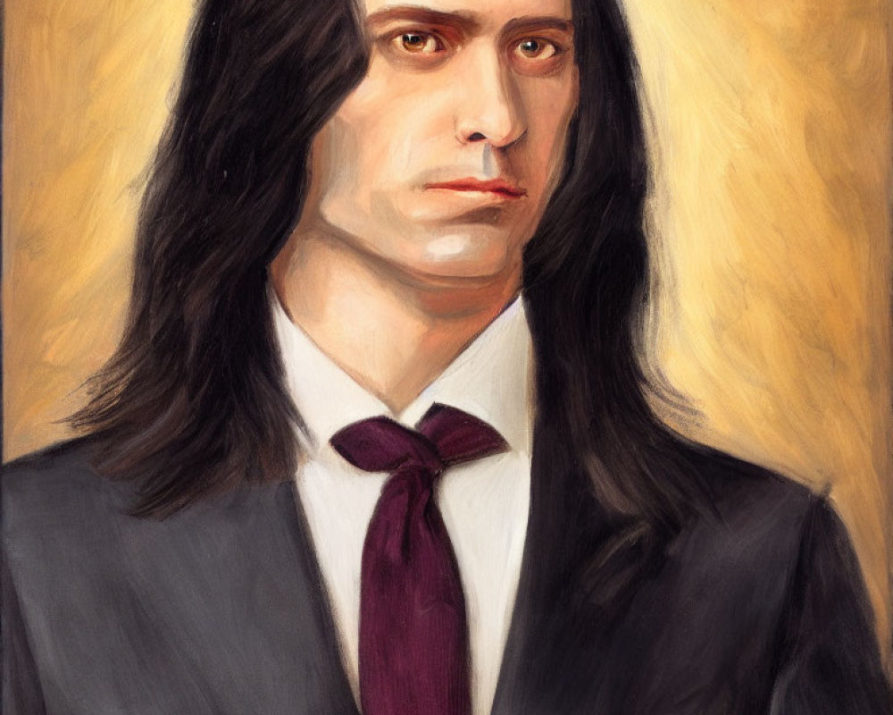 Portrait of man with long dark hair in black suit, white shirt, and burgundy tie on yellow