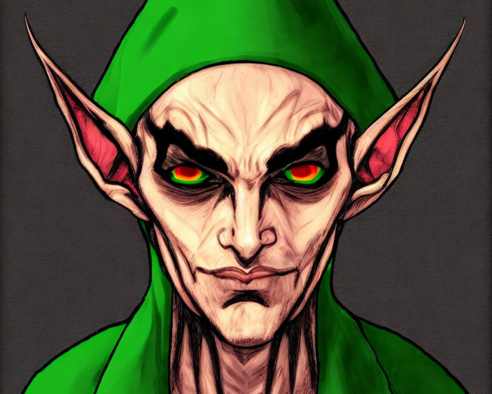 Fantasy character with green skin, pointed ears, red eyes, and green hood.