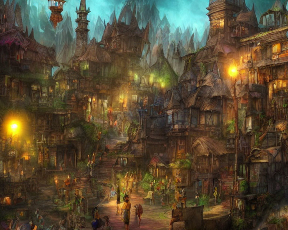 Twilight fantasy village with lantern-lit houses and bustling townsfolk