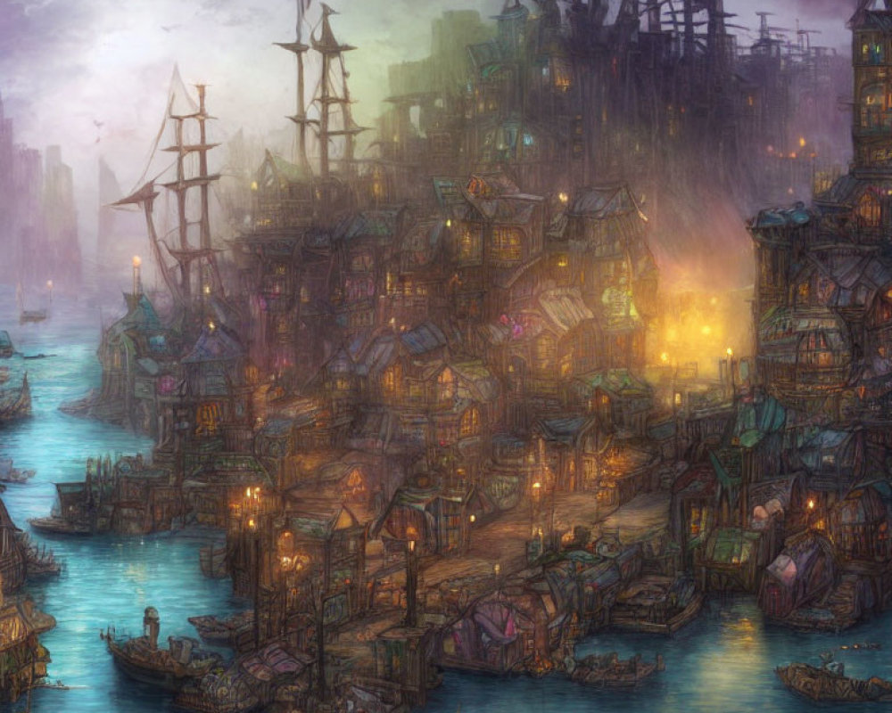 Fantasy harbor at dusk with tall ship and glowing lights