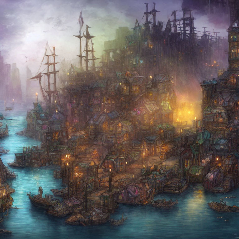 Fantasy harbor at dusk with tall ship and glowing lights