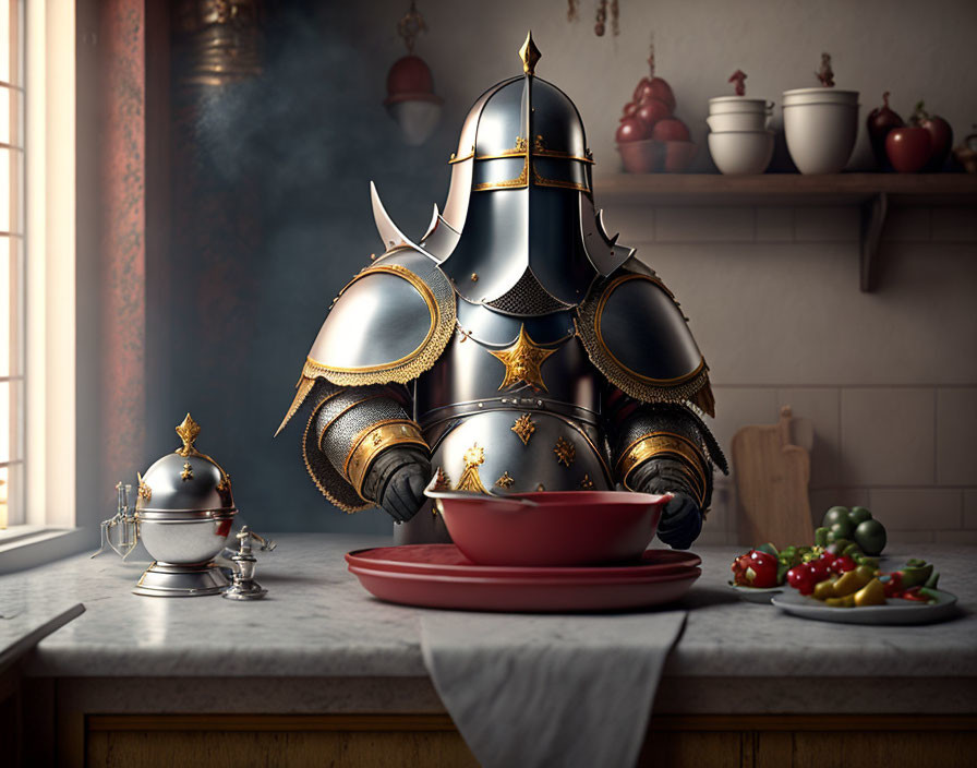 Anthropomorphic Suit of Armor Cooking in Kitchen Scene