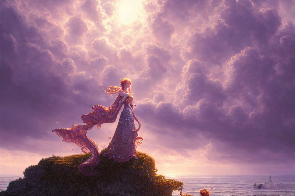 Woman in ornate gown on cliff overlooking sea under dramatic purple sky.