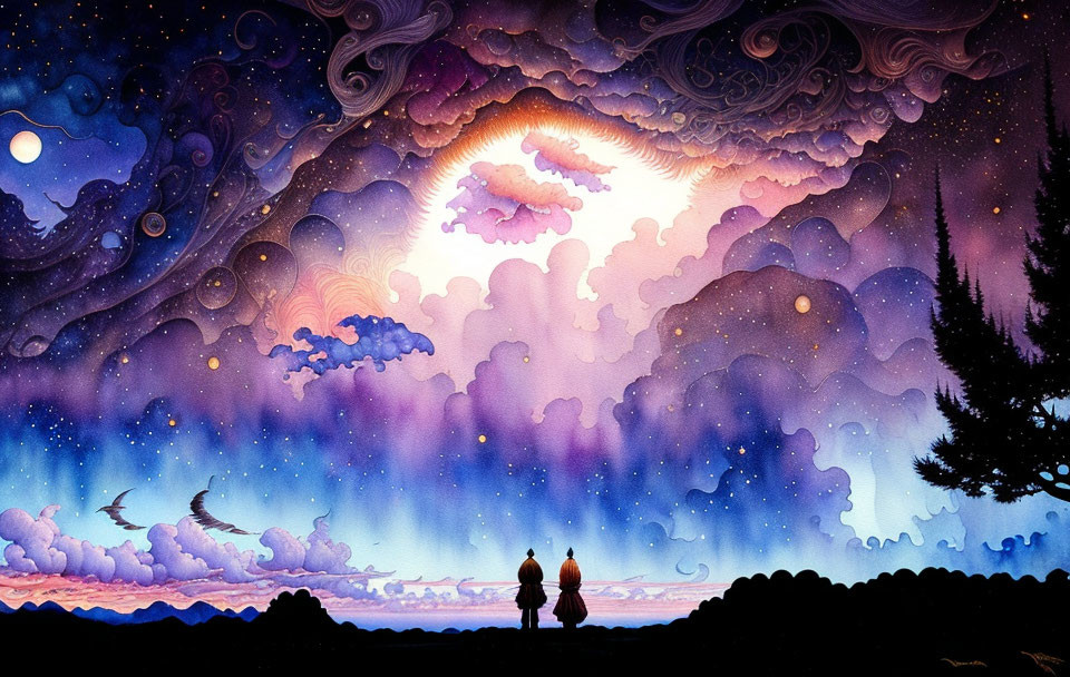 Silhouetted figures under vibrant, whimsical sky with swirling clouds and aurora lights