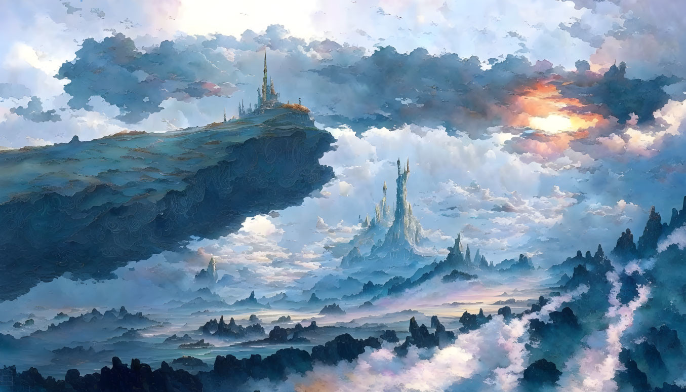 Fantastical landscape with floating islands and grand castles at sunrise or sunset