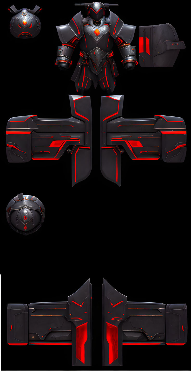 Black and Red Futuristic Armor Set with Sleek Design