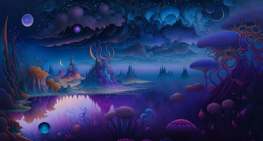 Surreal landscape with mushroom structures, purple lake, and swirling sky