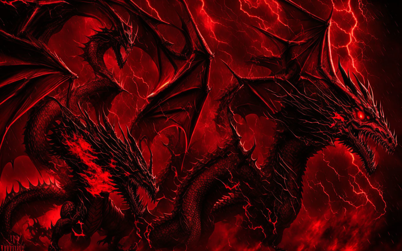 Fiery red and black dragon with glowing red eyes in flames and smoke