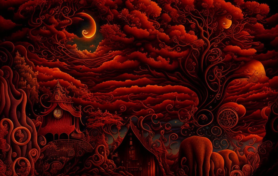 Vivid Red and Orange Stylized Fantasy Landscape Art