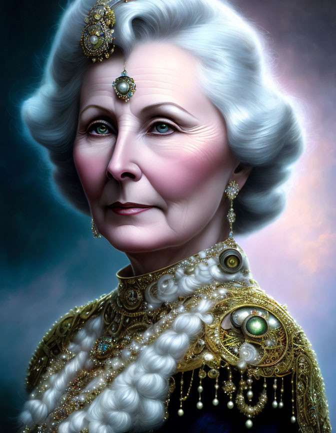 Elegant elderly woman with grey hair and pearl jewelry portrait