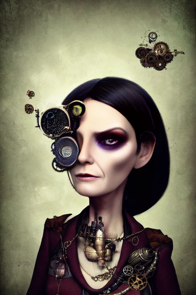 Gothic steampunk portrait of woman with pale skin and mechanical head accessories