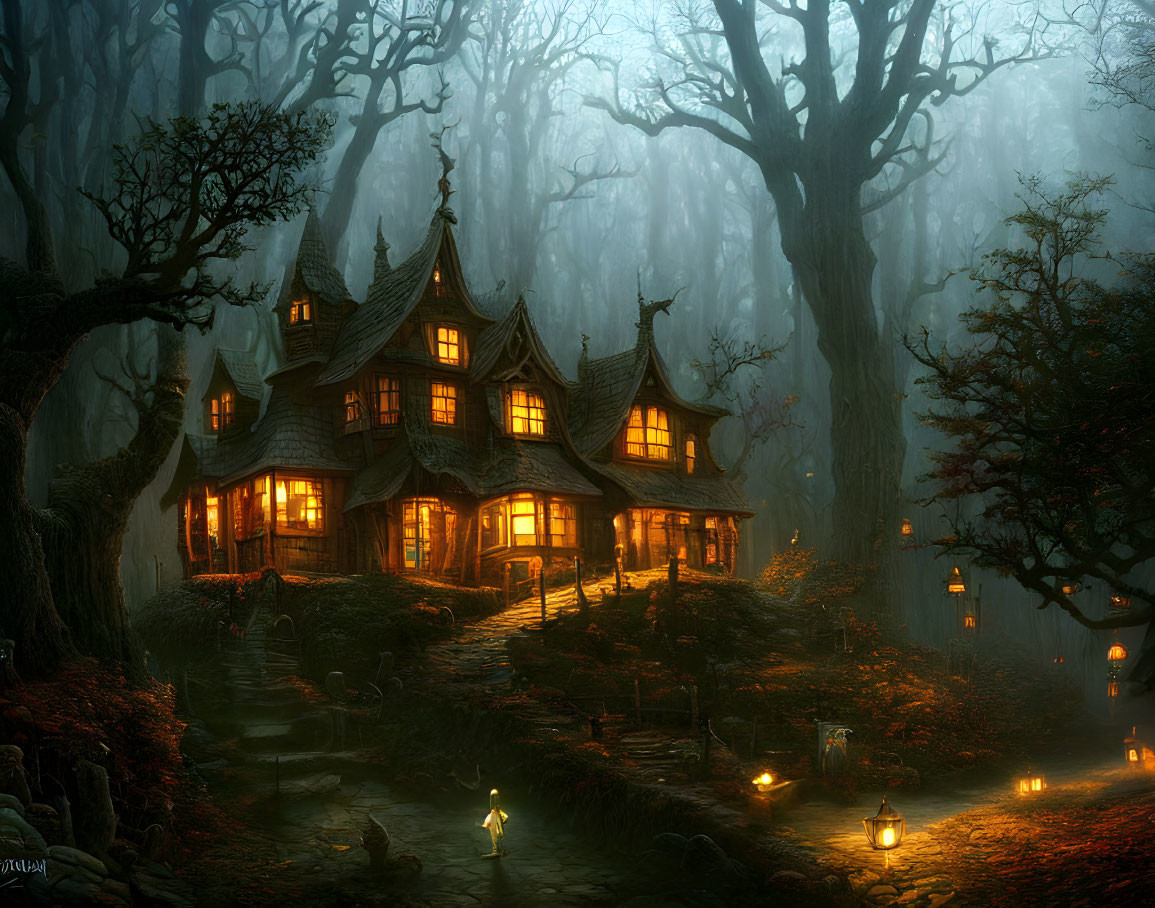 Enchanting Cottage in Misty Forest with Lit Windows