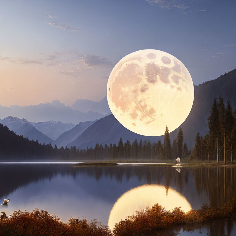 Tranquil lake scene with full moon, mountains, and swans at dusk