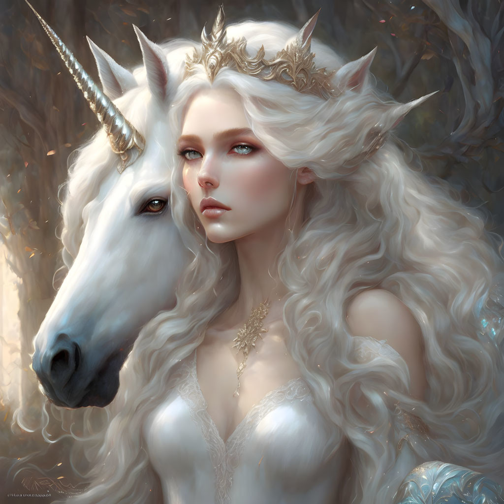 Fantasy illustration of woman with crown and unicorn in mystical forest