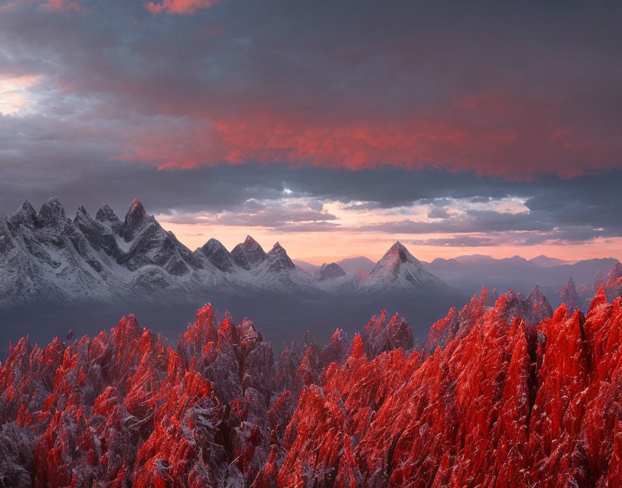 Vibrant sunset over rugged mountains and snowy red trees