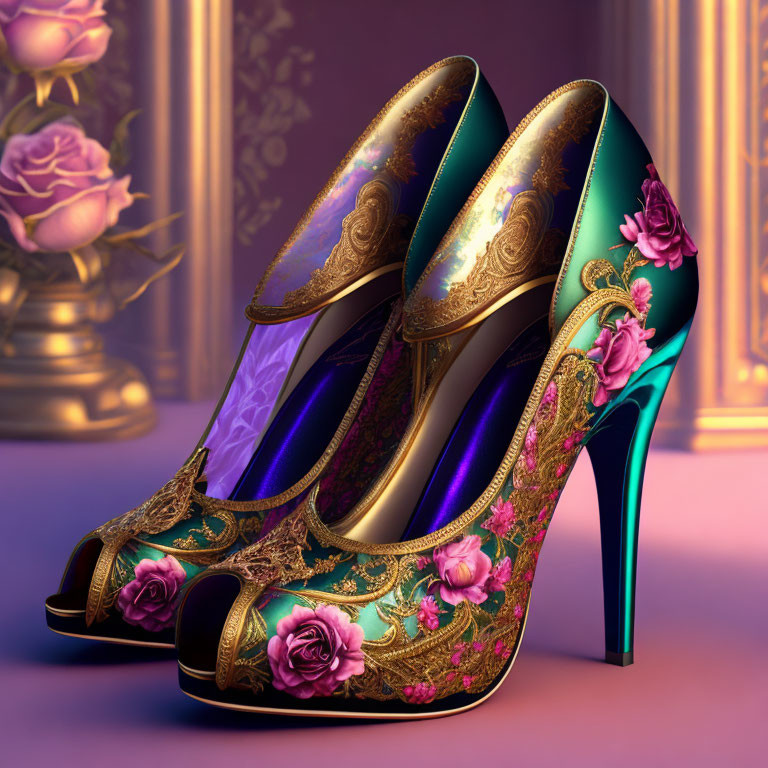 Golden Floral Pattern High-Heeled Shoes with Vibrant Roses