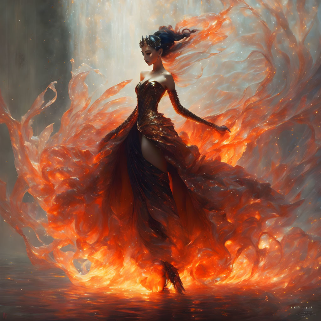 Woman in fiery gown radiating light and flame against soft backdrop