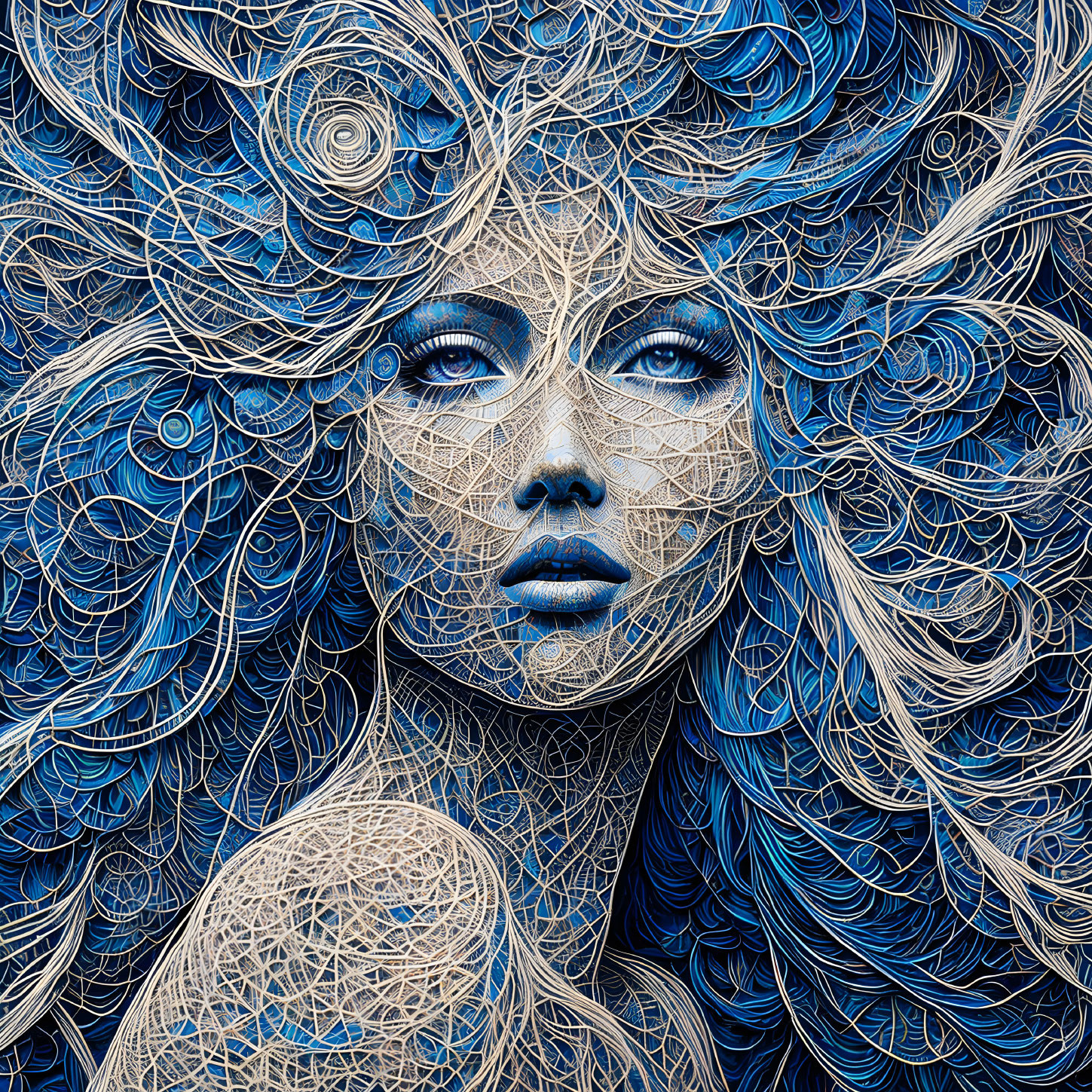 Intricate blue patterns on woman in digital artwork