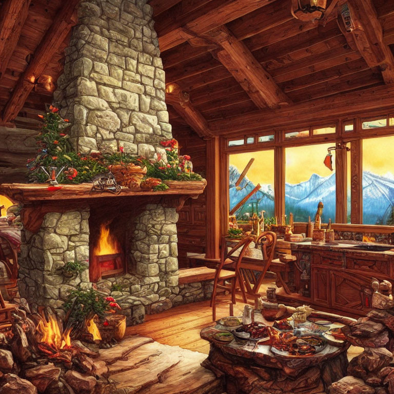 Rustic cabin interior with stone fireplace, festive decor, wooden beams, rustic kitchen, mountain view