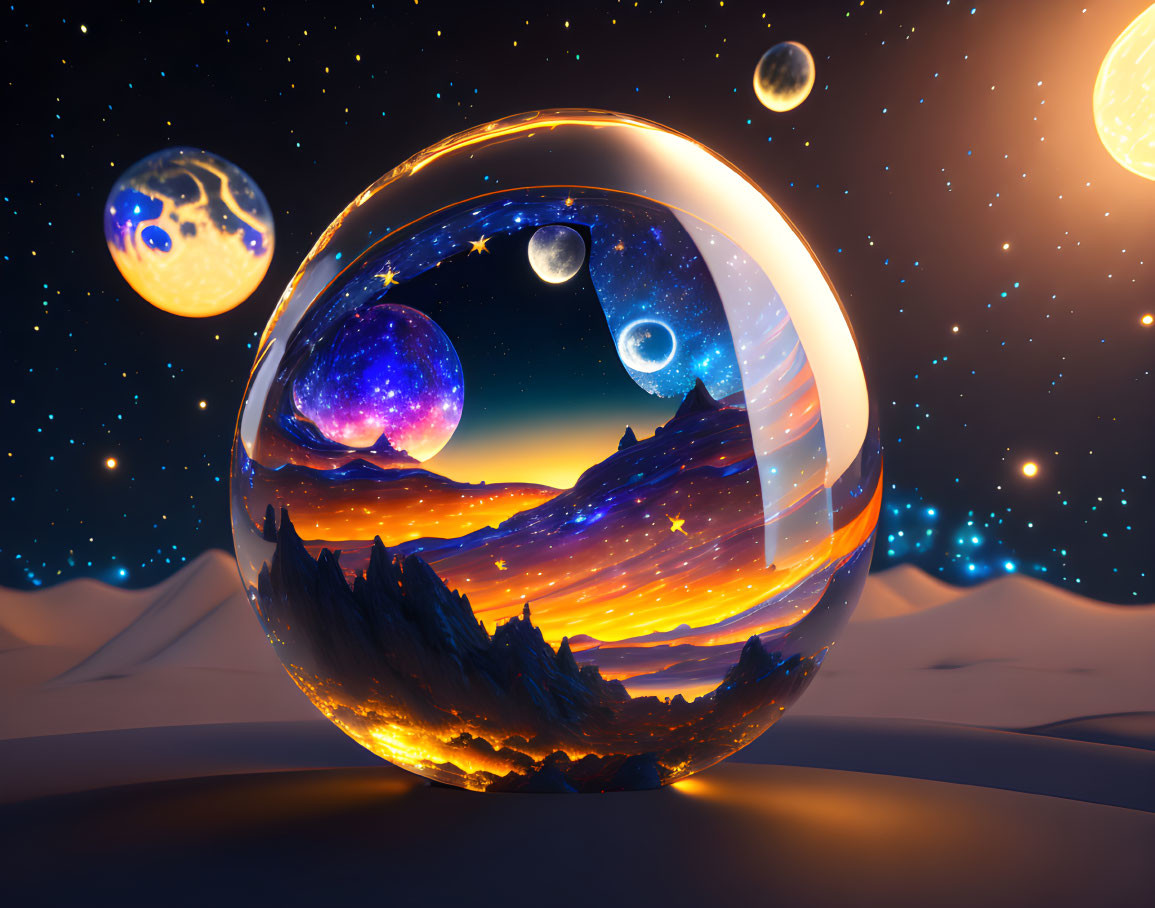 Surreal landscape with transparent sphere reflecting mountainous scene