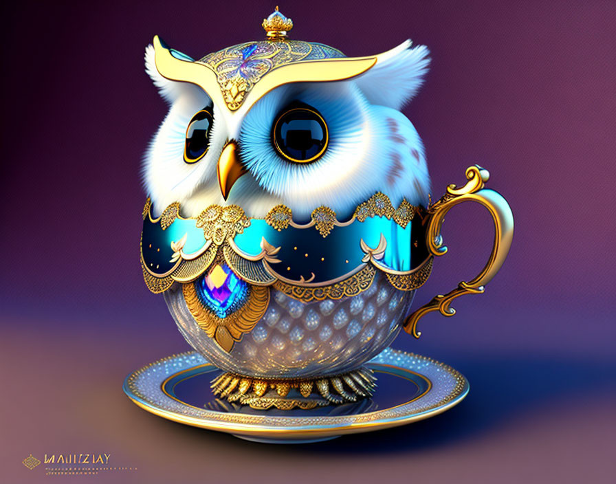 Intricate Owl-Shaped Teapot on Matching Saucer with Purple Background