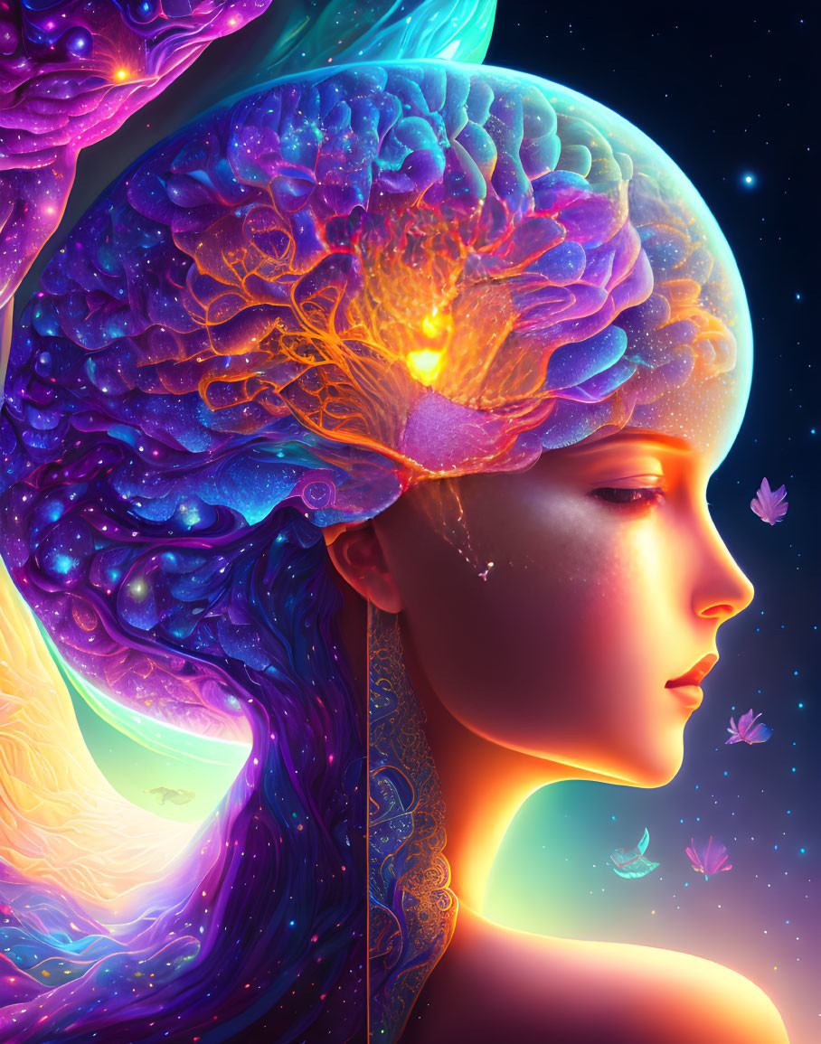 Colorful woman with brain-shaped cosmic hair in starry setting