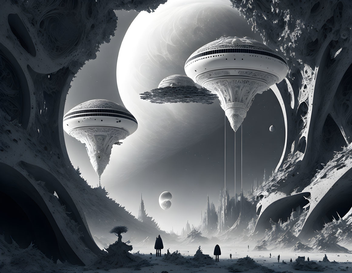 Monochrome sci-fi landscape with futuristic UFO-like structures and celestial bodies