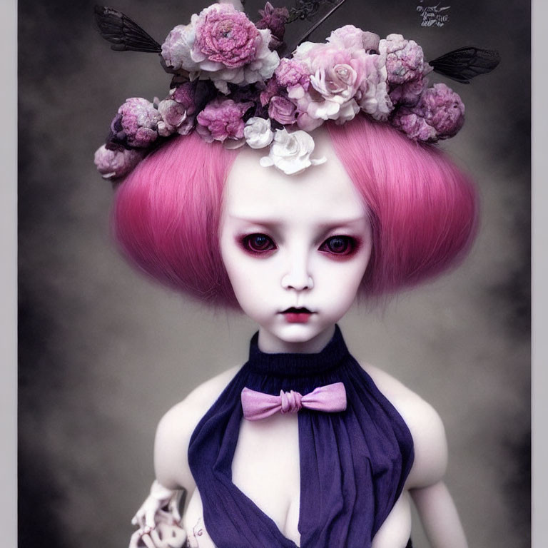 Illustration of doll-like character with pink hair, large eyes, floral headpiece, and bow tie