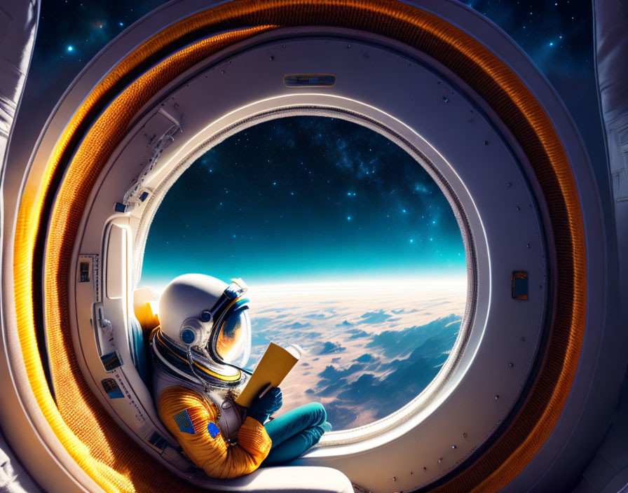 Astronaut in vibrant space suit with tablet gazes at Earth from spacecraft window