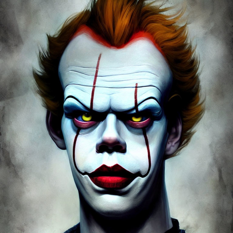 Vivid portrait of a person in clown makeup with red hair and white face paint