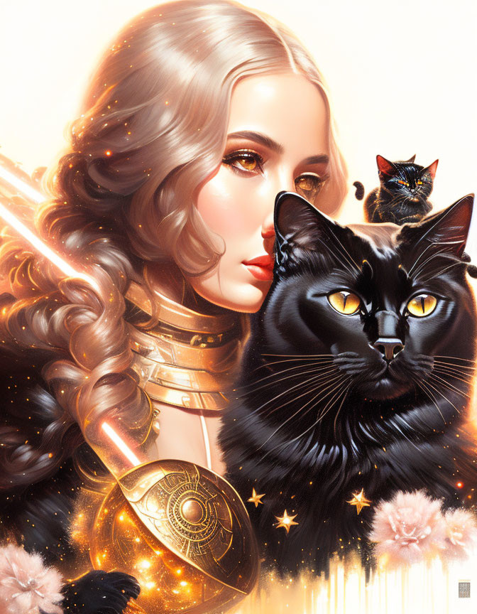 Blonde-haired woman in golden armor with black cat companion