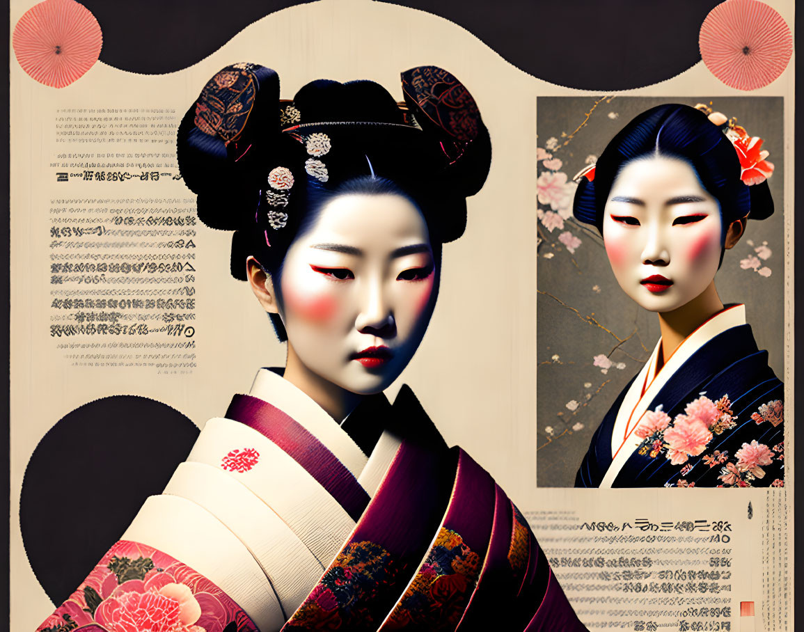 Traditional Geishas in Kimonos with Floral Patterns on Beige Background