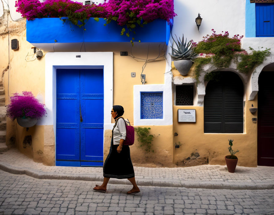 Vibrant blue building with traditional blue door in cobblestone alleyway