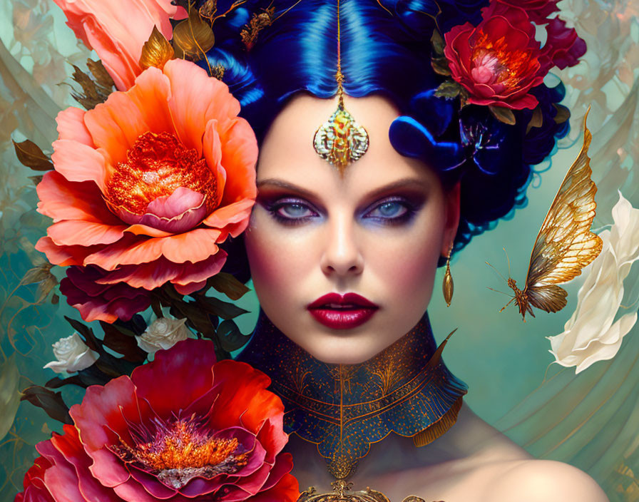 Colorful portrait of a woman with vibrant blue hair, adorned with flowers, butterfly, jewelry, and