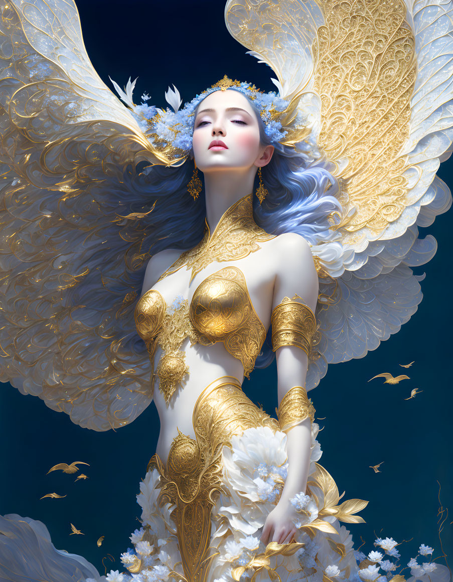 Golden-winged ethereal figure in intricate attire amidst floating feathers on deep blue backdrop