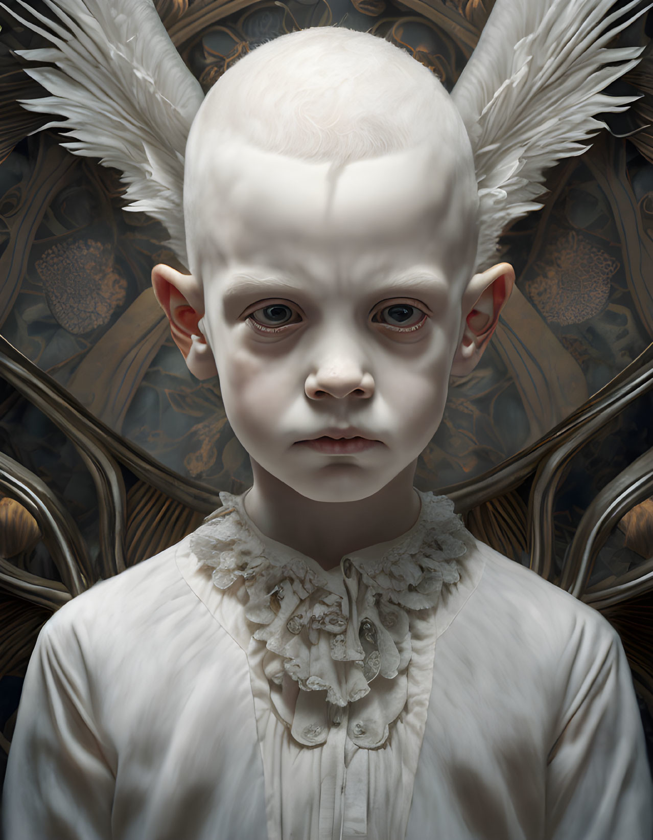 Hyper-realistic artwork of child with albinism and feathered wings in intricate background