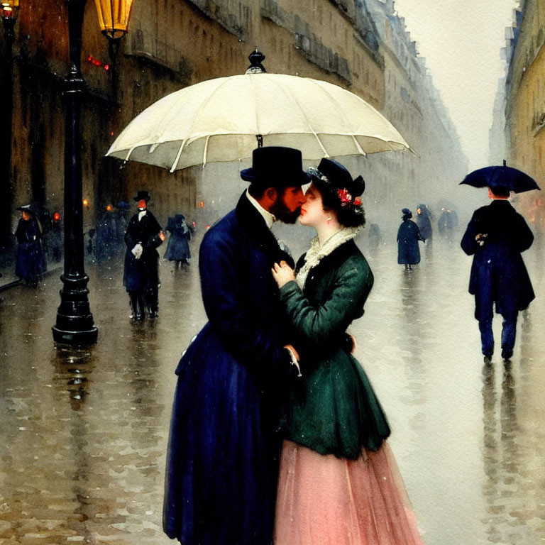 Victorian couple under umbrella in rain-soaked street with others