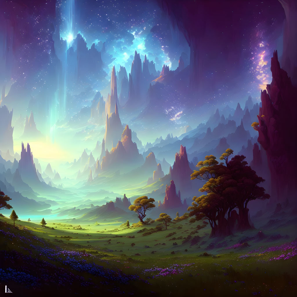 Surreal landscape with towering spires and lush valley under starry night sky