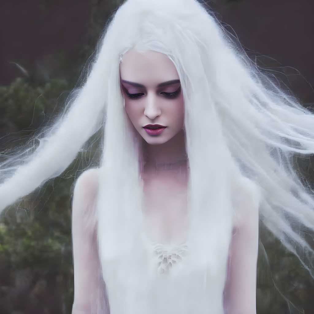 White-haired pale woman with dark makeup in misty setting