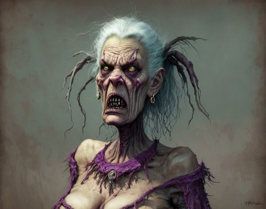 Elderly fantasy creature with yellow eyes and tattered purple clothing