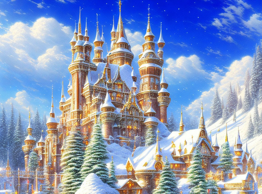 Snowy Winter Castle Illuminated by Golden Lights